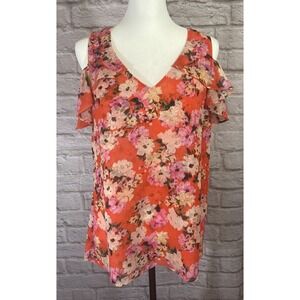 Cabi 5352 Womens Small Lush Blouse Orange Floral Cold Shoulder Top Shirt